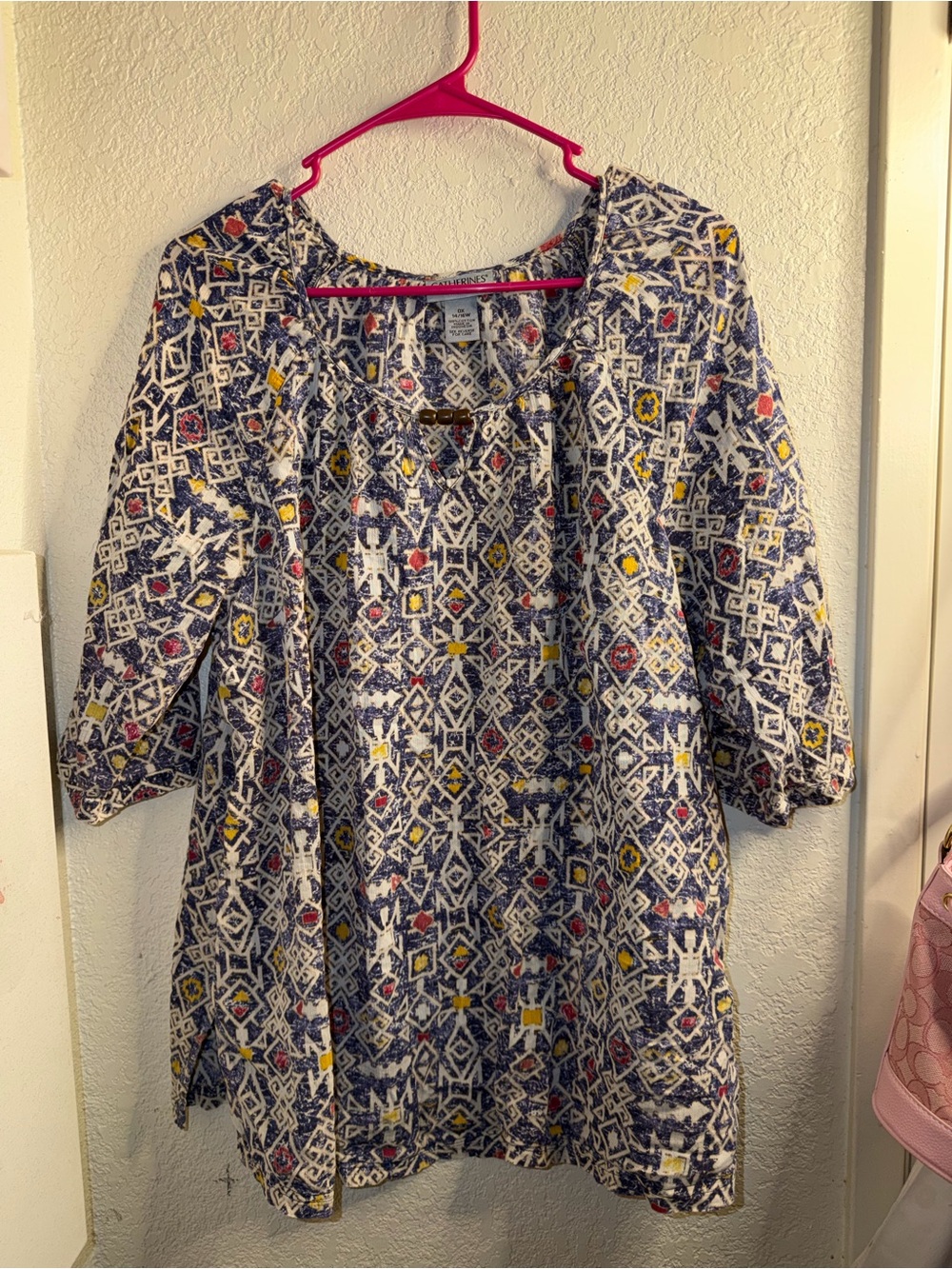 Catherines Navy White Printed Peasant Blouse with Yellow and Pink Accents